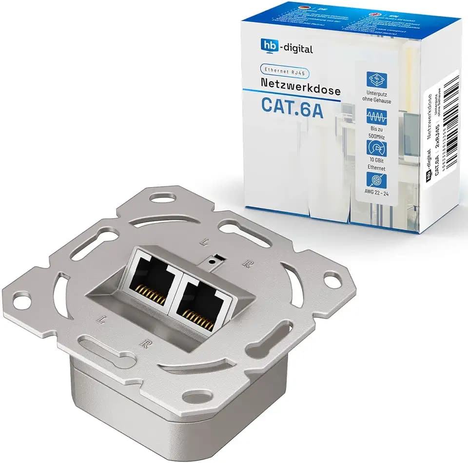 HB-DIGITAL 1x CAT 6a Netzwerkdose RJ45 2-Port STP geschirmt kompatibel mit starre LAN Kabel PoE T568A/B Standard Zinklegierung 10 Gigabit 50mm x 50mm - Ohne Gehäuse
