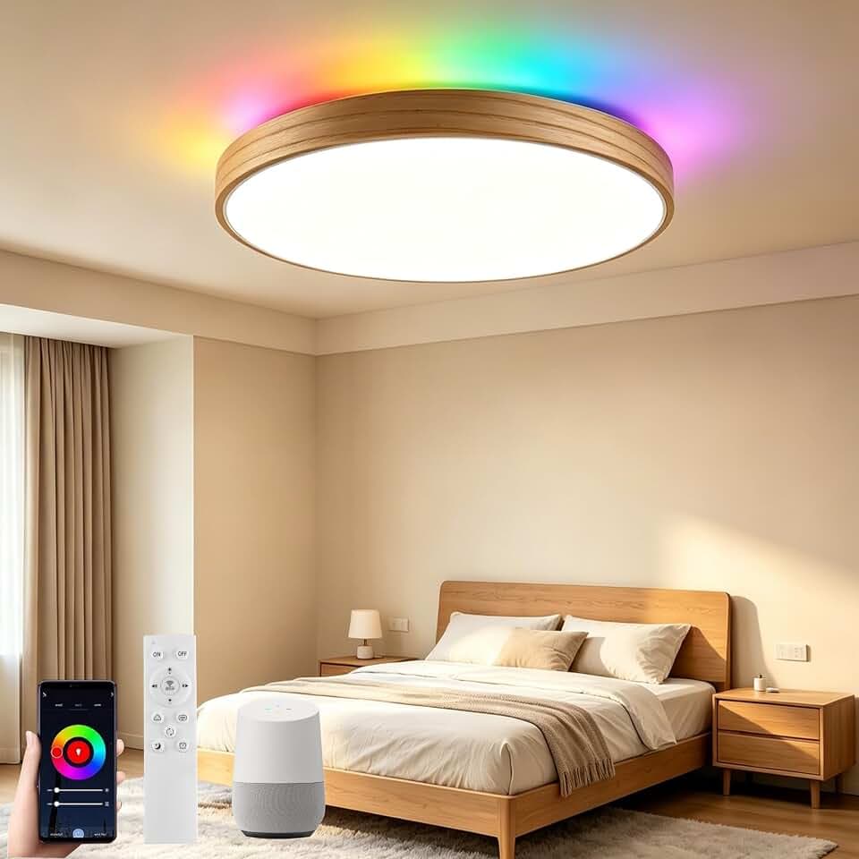 LED Smart WIFI Deckenleuchte, Dimmbares LED Licht mit Alexa Google Home, 12 Zoll 28W RGB Farbwechsel Deckenleuchte mit Fernbedienung, Leuchte aus Natürlichem Holzmaterial für Schlafzimmer