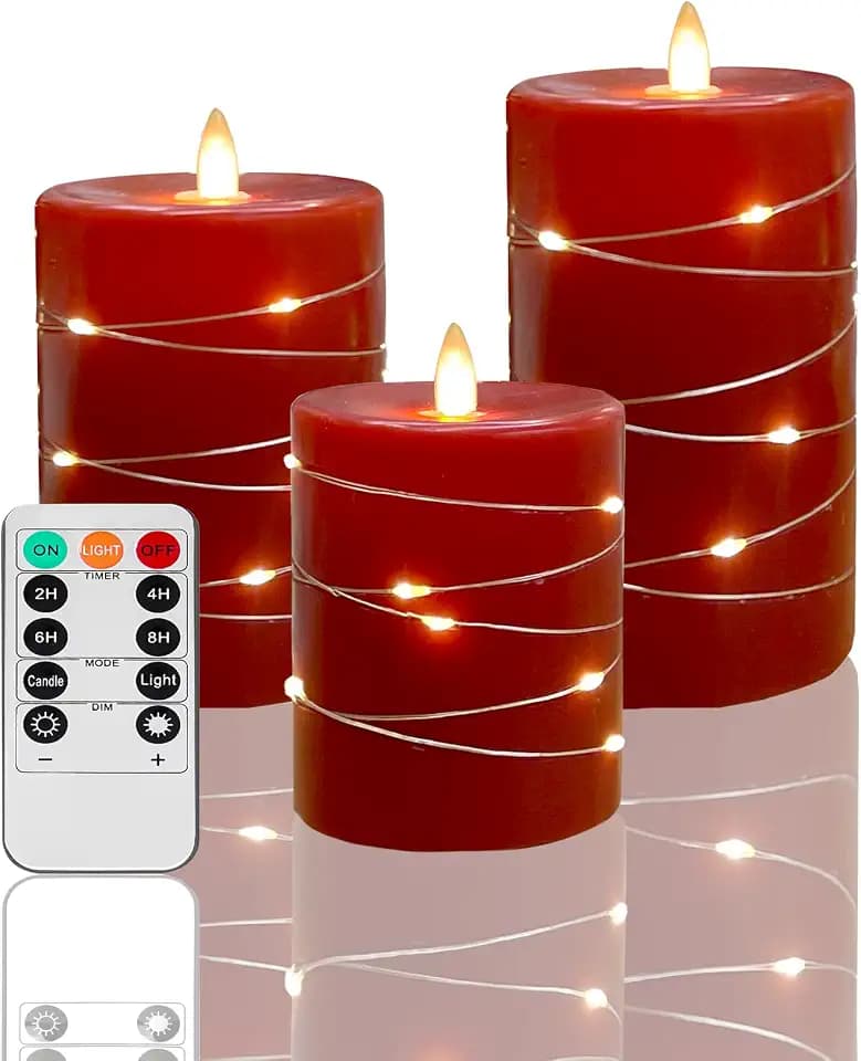 Red Flameless Candles with String Lights Battery Operated LED Pillar Candles 4‘’ 5‘’ 6‘’ Candle with Remote Control,Fake Candle Set of 3 for Christmas or Special Festivals Decorations