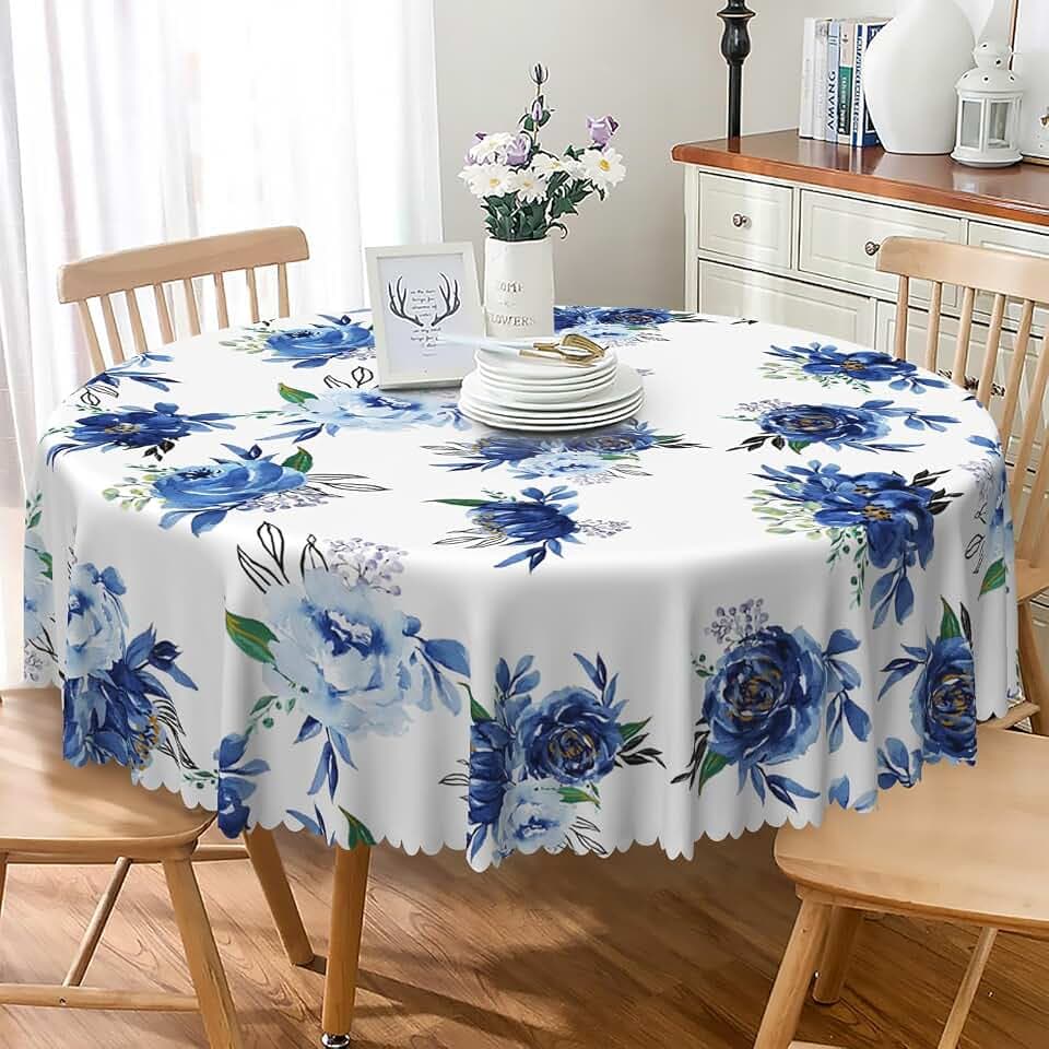 Blue White Floral Round Tablecloth 42 Inch Watercolor Blue Flowers Circular Table Cloth Waterproof Stain Resistant Fabric Table Cover for Kitchen Dining Room Patio Picnic Indoor Outdoor Use