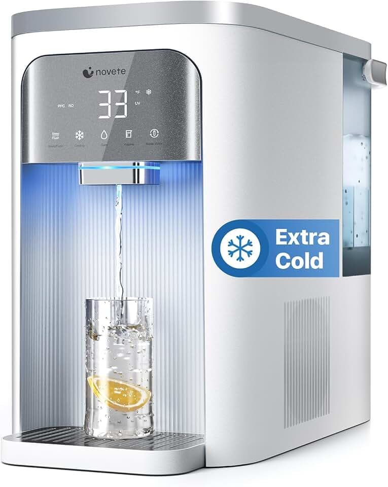 NOVETE Reverse Osmosis Water Filter Countertop, UV Cold Water Down to 32℉, NSF/ANSI 42/58 Certified, 4:1 Pure to Drain, No Installation Needed, 8-Stage RO Water Filtration System, CRF0A-QS, White