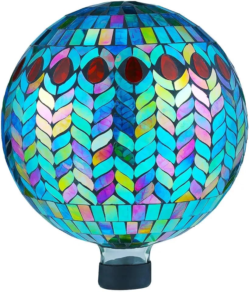 VOREEN Mosaic Gazing Ball, 10" Handmade Glass Reflective Garden Globe, Outdoor Yard Patio Lawn Decoration Sphere, Peacock Feather Design, Blue