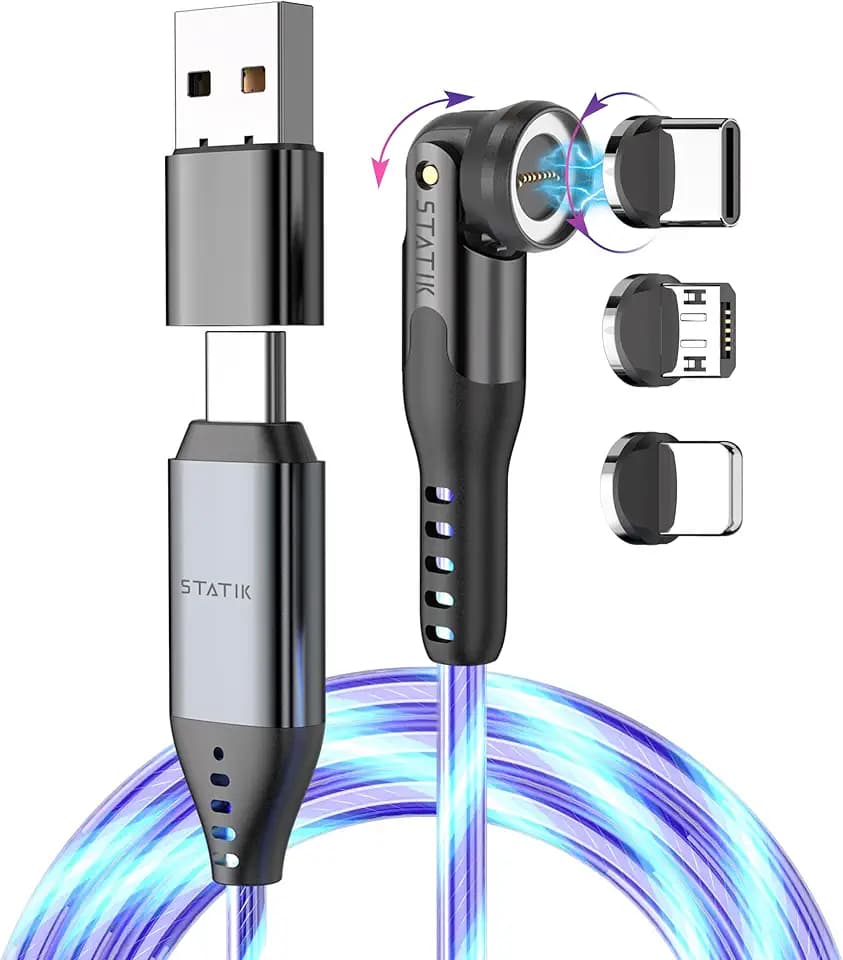 Statik 360 Pro Universal Magnetic Charging Cable - 100W Fast Charging USB C Charging Cable, Magnetic Charger Cable Compatible with Apple Devices, USB-C, Micro-USB, USB-A Adapter - GloBright 6FT/2M