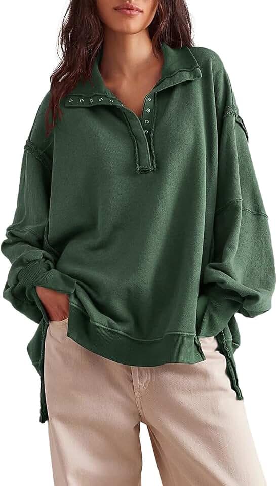 Damen-Sweatshirt, Oversize, lässig, locker, Pullover, Henley, mit Knöpfen, hoher Schnitt, niedrige Passform, Damenbekleidung, modisch, Herbst und Winter