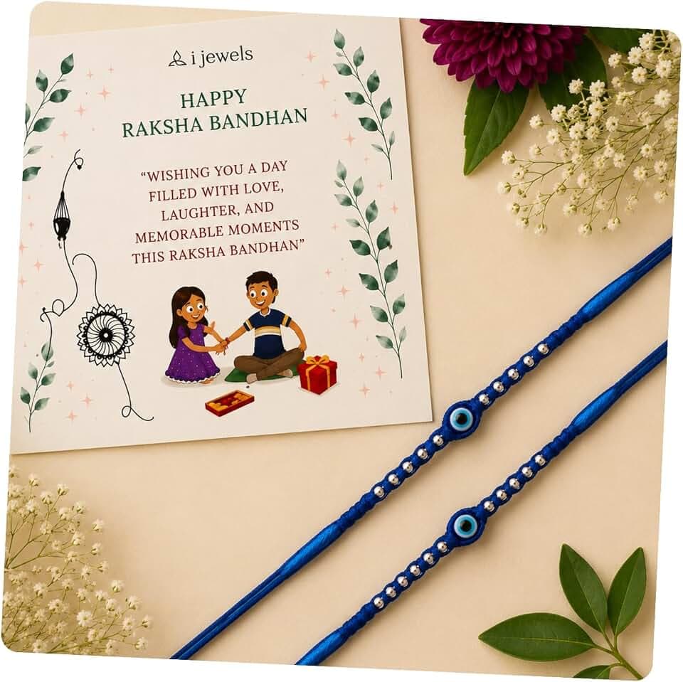 I Jewels Indian Rakshabandhan Festival Design Evil Eye Rakhi Combo with Rakshabandhan Card for Brother/Bhaiya/Bro/Bhai