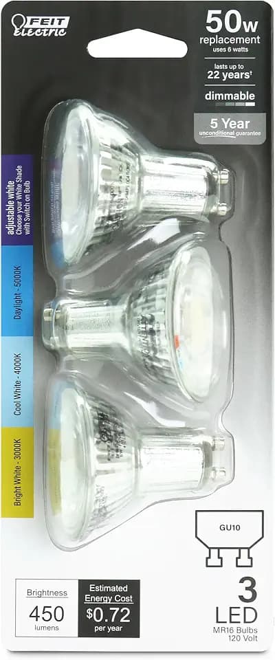 Feit Electric MR16 LED Reflector Light Bulb, 50W Equivalent, Dimmable, GU10 Base, 90+ CRI, 450 Lumen, Adjustable Color Temperature Track Lighting, 25,000-Hour Lifespan, BPMR16GU10503CCTCA/3, 3-Pack