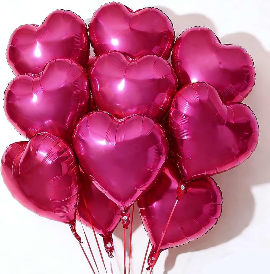 10Pcs Hot Pink Foil Heart Shaped Balloons 18 Inch for Baby Shower, Wedding, Valentine Decorations - Love Party Decorations