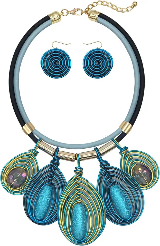 Chunky African Jewelry Statement Necklace For Women Tribal Fashion Costume Earring Set Unique Rhinestone Crystal Gold Wire Wrapped Big Wood Pendent Collar Choker Bib Handmade