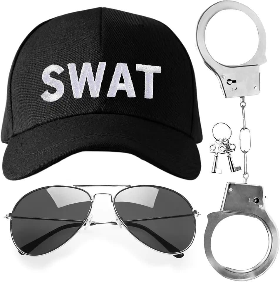 3 Stück Kostüm Zubehör Matchmaker Kostüm für Erwachsene inklusive Polizeihut Metall Handschellen Fliegersonnenbrille fantasievoll für Erwachsene, Männer und Frauen, Polizisten und