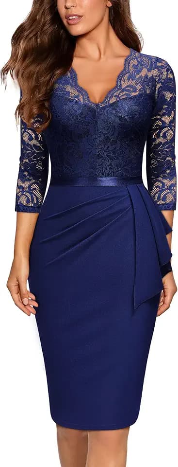 Miusol Women's Retro V Neck Floral Lace Ruffle Style Cocktail Party Dress