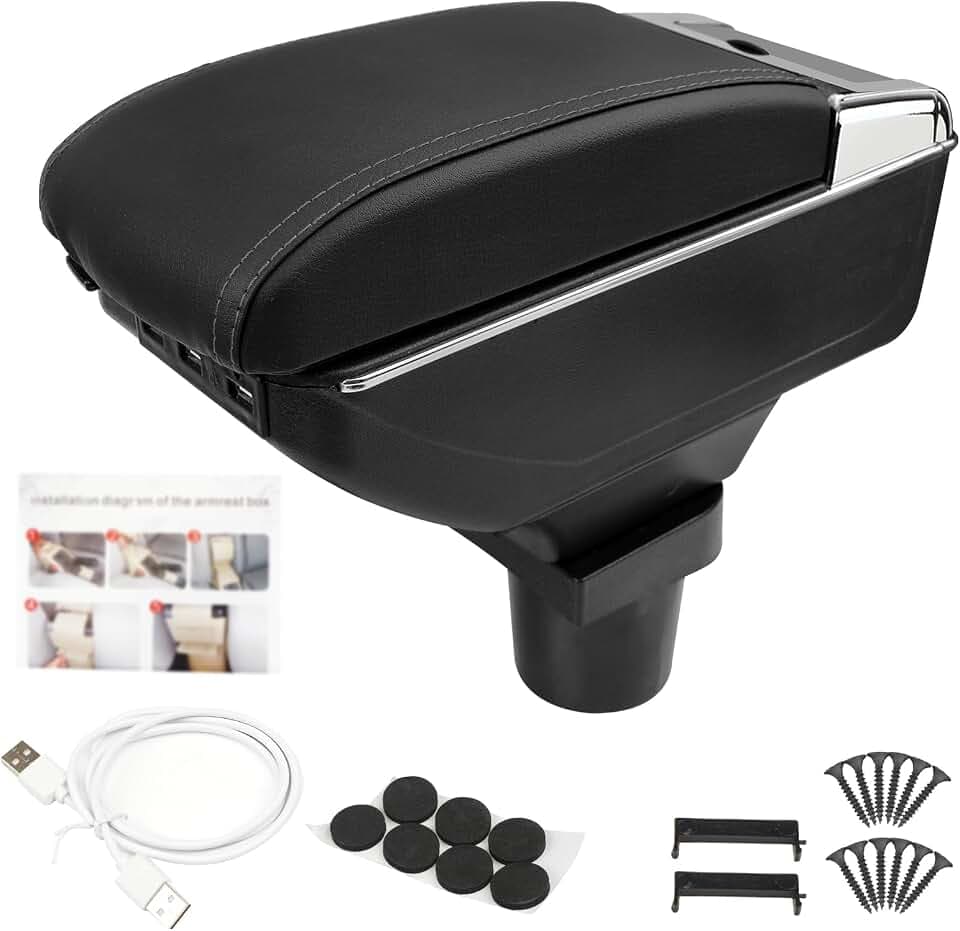 Center Console Armrest Compatible with Mini Cooper Coupe R50 R52 R53 R56 R57 R58 F55 F56 F57 Countryman with 7 USB Port Cup Holder Double Layer Organizer Storage Box (All Black)