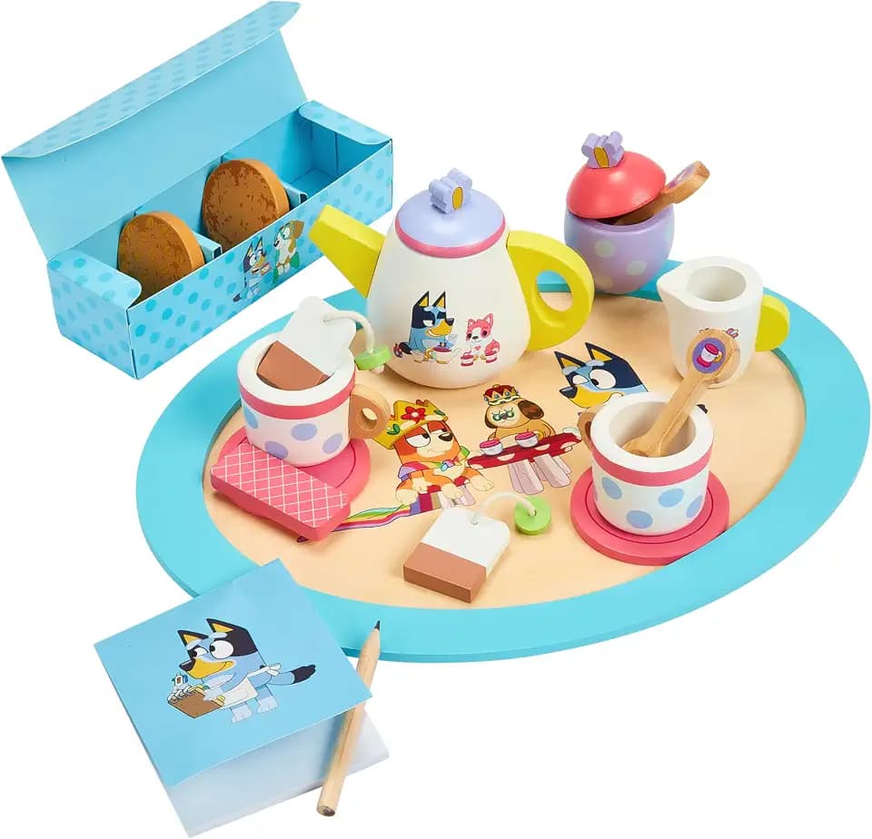 Bluey Wooden Tea Party Set, 18-Piece Toy Tea Set for Toddlers