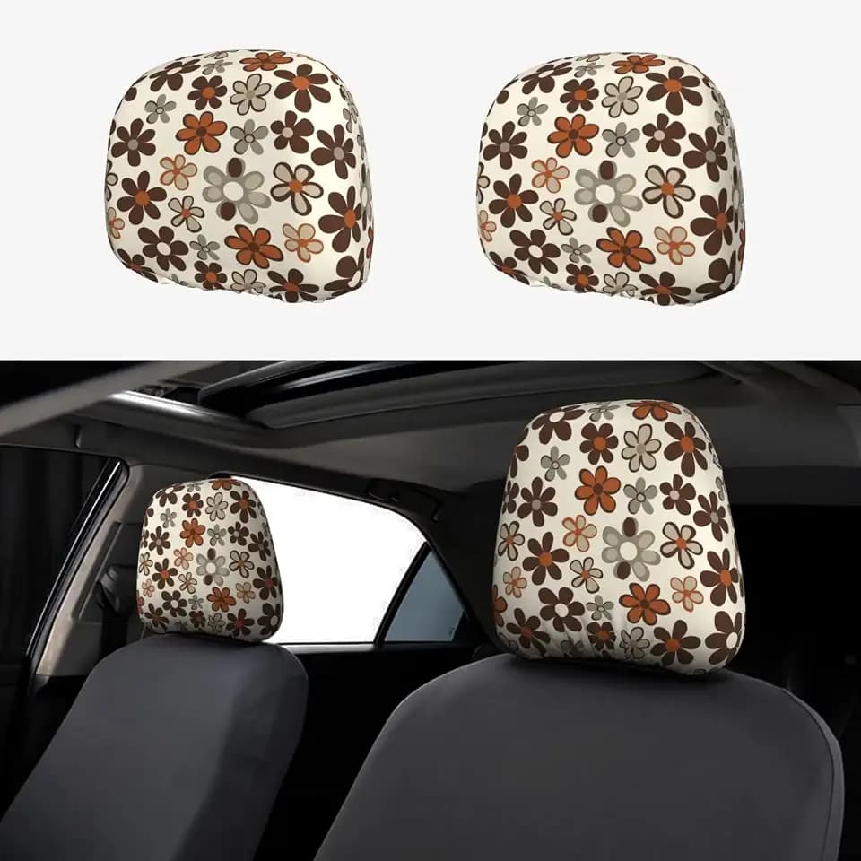 Brown Daisy Car Headrest Covers for Women Floral Hippie 2 Pack Elastic Fabric Head Rest Covers for SUV Truck Sedan Or Van Beige Daisies Flower Car Seat Headrest Wrap Protection