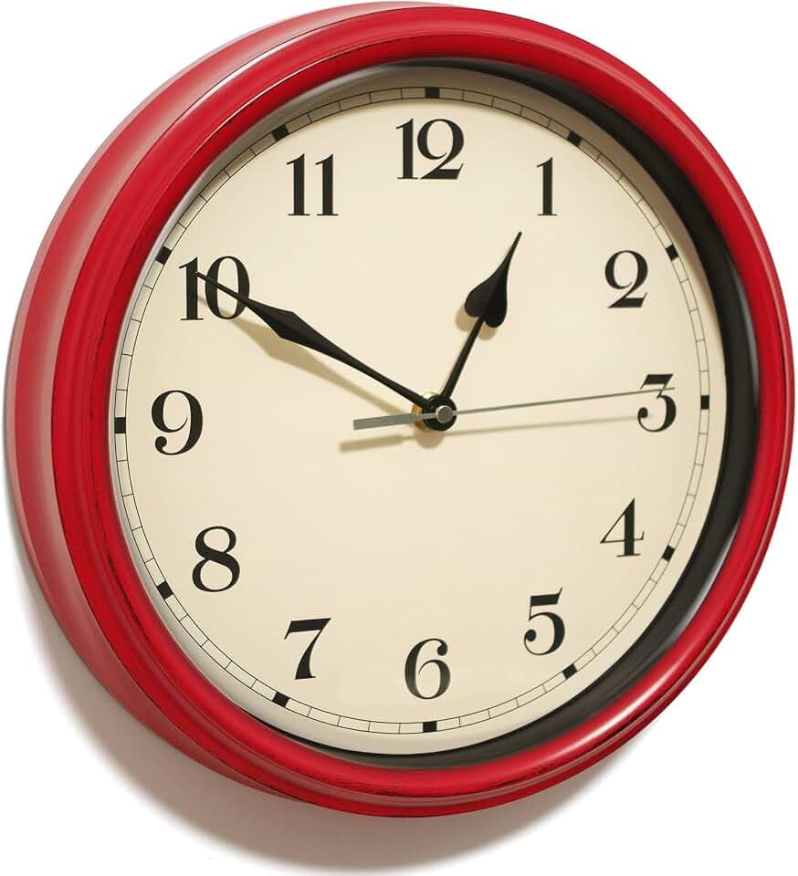 AYRELY® 28cm Vintage Wanduhr analog – Retro Wanduhr lautlos, Batteriebetrieben, dekorative Uhr für Wohnzimmer, Küche, Schlafzimmer, Bad oder Landhaus-Deko (Rot)