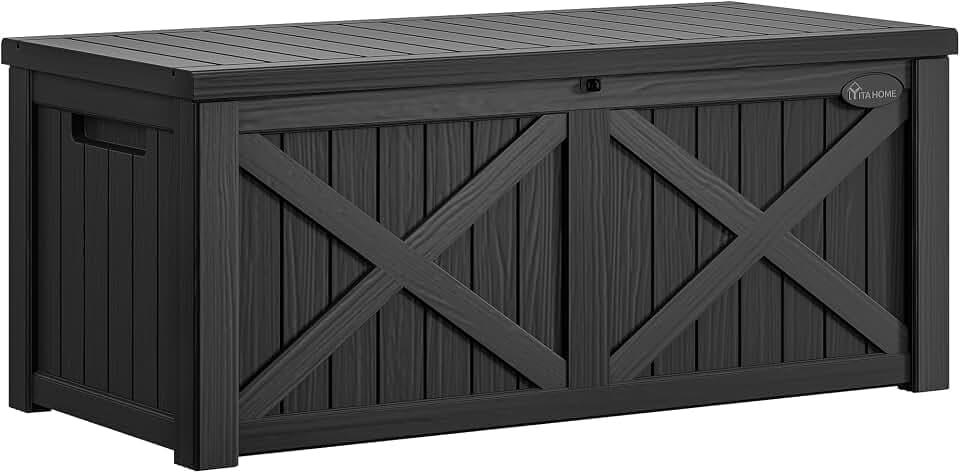 YITAHOME 450L Große Gartenbox mit X-förmiger Front, wasserdichte Resin Aufbewahrungsbox als Sitzbank für Terrasse, Poolzubehör & Gartengeräte – Abschließbar, Schwarz