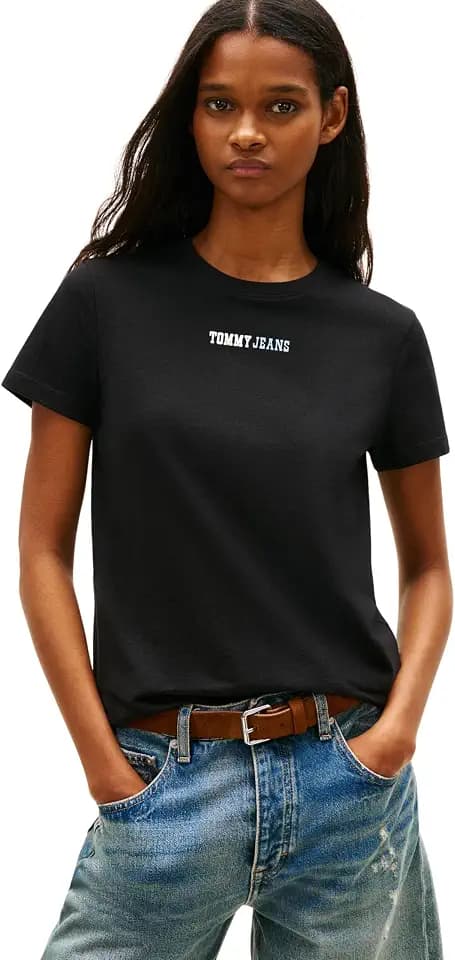 Tommy Jeans Damen T-Shirt Kurzarm Essential Logo mit Rundhalsausschnitt, Schwarz (Black), XL