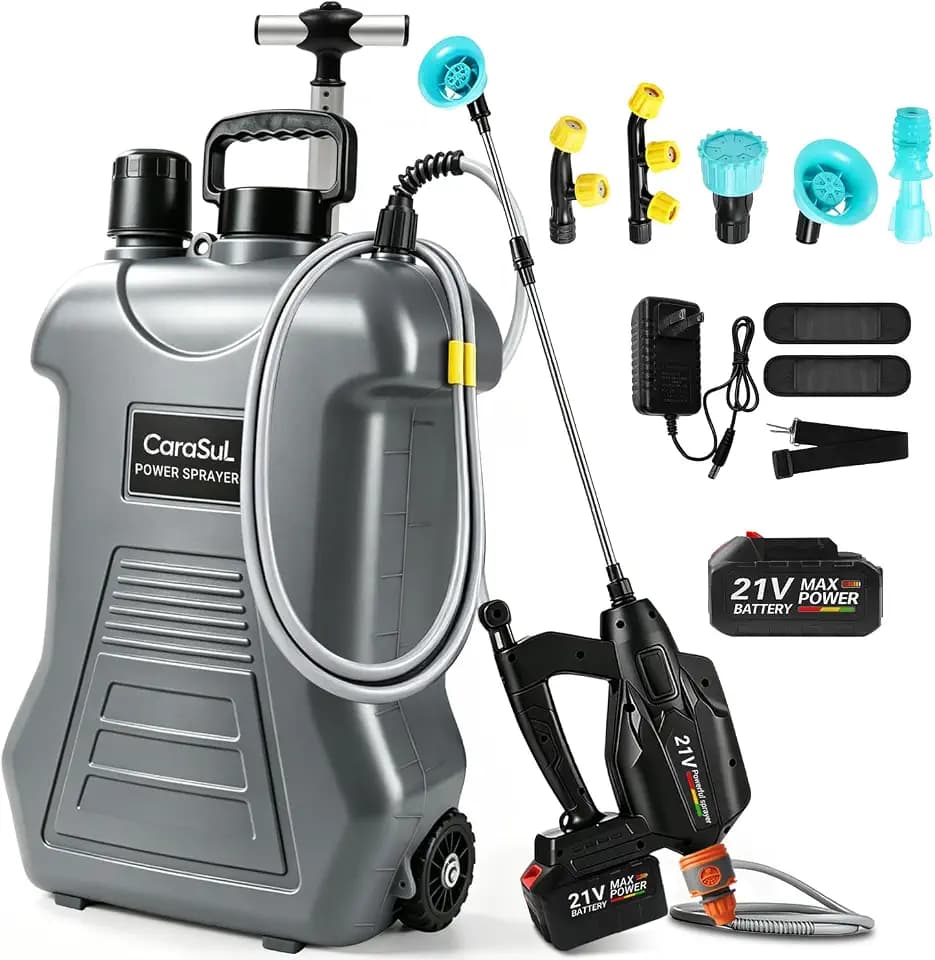 No-Lift 4 Gallon Battery Powered Sprayer, 2-in-1 Rolling & Backpack Electric Sprayer Compatible with 21V 4500mAh Battery, 5 Nozzles & Telescopic Wand, Garden Sprayer for Lawn, Yard, Weed Cleaning