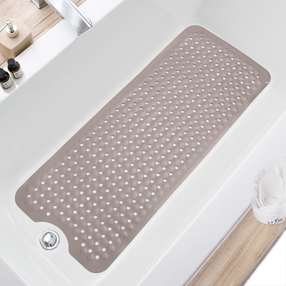 TEESHLY Bath Tub and Shower Mats, Non Slip 40 x 16 Inch Extra Long Bathtub Mat, Machine Washable Bathmat with Drain Holes, Suction Cups for Bathroom Floor, Tan