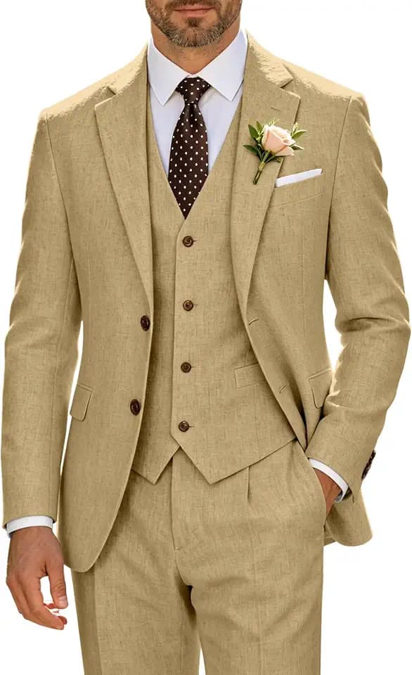 High-End Suits Retro Linen Suit for Men 3 Pieces Wedding Blazer Vest Pant