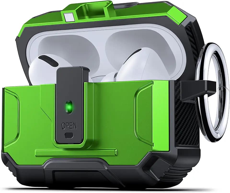 DASFOND Armor Earphone Cover Case for AirPods Pro 3, Military Grade Full Body Shockproof Protection Hard Case, Support Wireless Charging with Keychain, Magnetic Lid, Front LED Visible, Grass Green