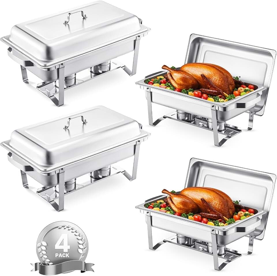 VEVOR Chafing Dish Buffet-Set 4 Stk Edelstahl-Speisenwärmer mit 4 Pfannen in voller Größe (7,5 L), rechteckiger Catering-Wärmespender mit Deckel & Wasserpfannenständer & Brennstoffhalter Buffer Silber