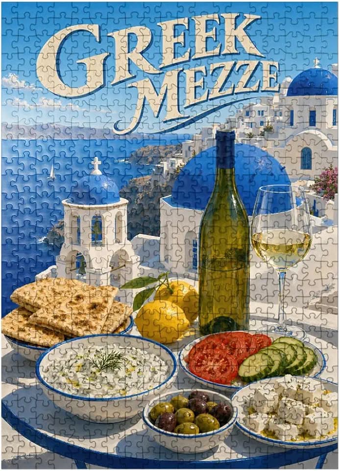MyPuzzle Santorini Greek Mezze Coastal Feast - Premium 500 Piece Jigsaw Puzzle for Adults