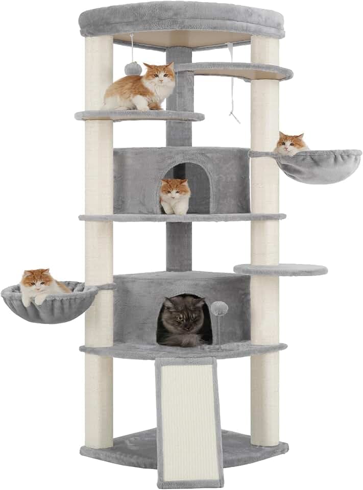 Gitelsnour Eck-Kratzbaum, Katzenbaum für Innenbereich, Mehrstöckiges katzenkratzbaum mit Sisal Kratzsäulen, 2 Katzenhöhlen, großer Oberplattform, 2 Hängender Katzenkorb, Hellgrau GCT035W