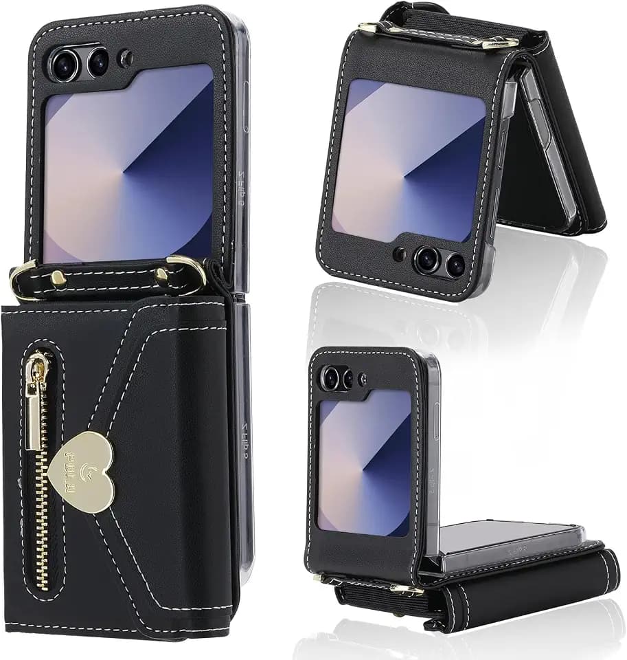 for Samsung Galaxy Z Flip 6 Case with Love Flip Wallet, Large Capacity for 8 Card Slots, and Long Strap - a Mini, Fashionable Crossbody Bag for Young, Stylish Women Shopping(Z Flip 6,Black)