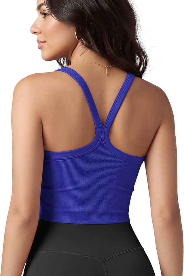 ODODOS Women's Seamless Crop Cami Wide Scoop Neck Ribbed Soft Open Racerback Cropped Tank