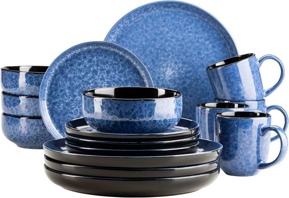 MÄSER 934109 Serie Filippa, Keramik Geschirrservice für 4 Personen, modernes 16-teiliges Kombi-Geschirr Set; Teller, Schüsseln und Becher mit Reaktivglasur in blau und schwarz, Steinzeug, blau