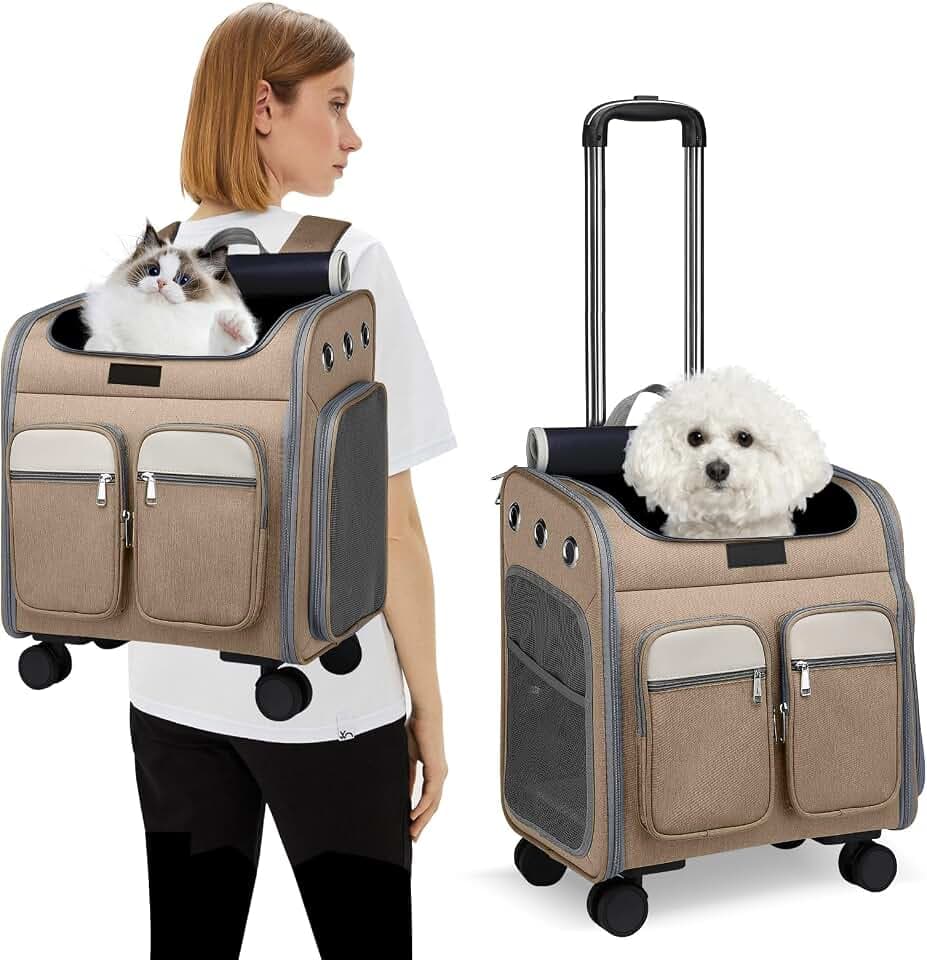 PETCUTE Katzenrucksack Hunderucksack mit Trolley 2 in 1 bis 11 kg,Faltbarer Hundetrolley mit 4 Rädern,Herausnehmbarer Matte,Multifunktionaler,Atmungsaktive Haustier-Reisetrage für Katzen und Welpen