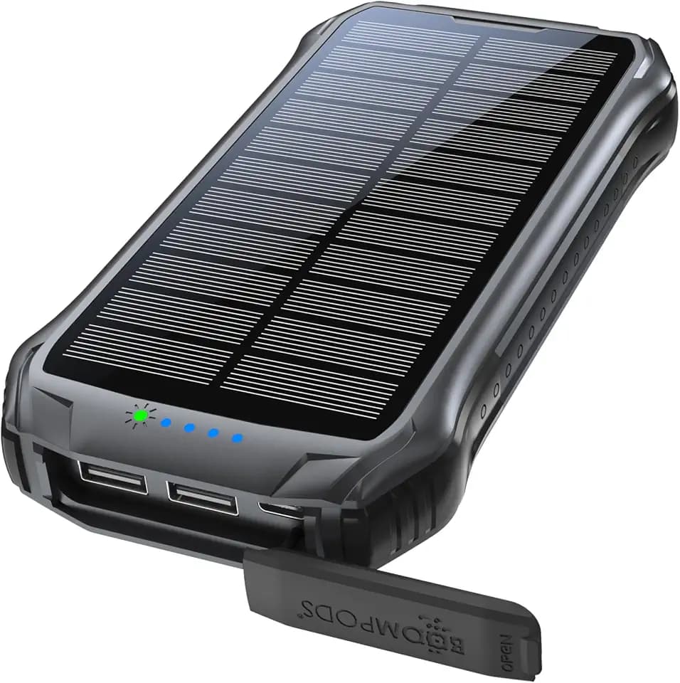Boompods Neutron Solar-Powerbank 10000mAh - tragbares Ladegerät mit Solarpanel & LED-Taschenlampe, IPX4 wasserdichte Outdoor Akkubank mit 2 USB-Anschlüssen für Handy, Tablets und Camping, Schwarz