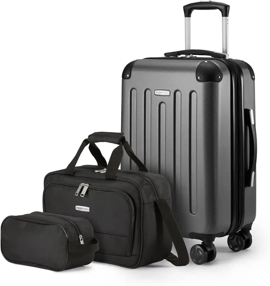 Amazon Basics 3-Piece Luggage Set with Spinner Wheels, Including 22" Expandable Hardside Carry-On Suitcase, 15-inch Tote Bag, and 10-inch Compact Travel Bag, Black