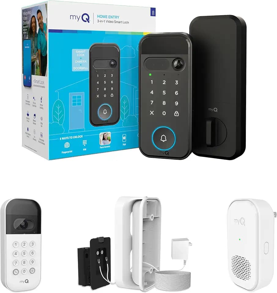 myQ Smart Access Starter Kit: Secure View™ 3-in-1 Smart Lock + Garage Door Video Keypad + Adapter Kit + myQ Chime, Custom PIN Codes, Keyless Entry, 2K HDR Doorbell Camera, App Control & Two-Way Audio