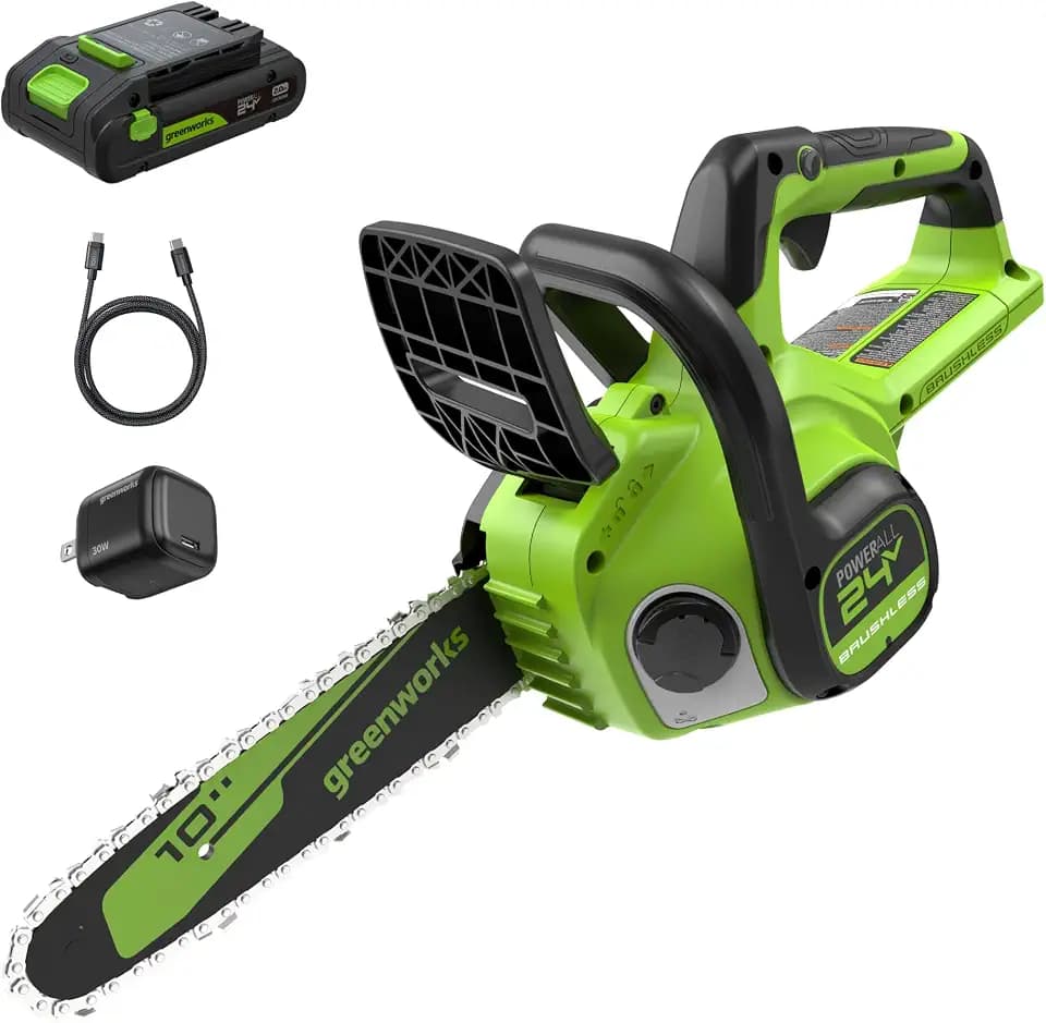 Greenworks 24V 10 in Compact Electric Chainsaw, 2.0 Ah Battery and Charger