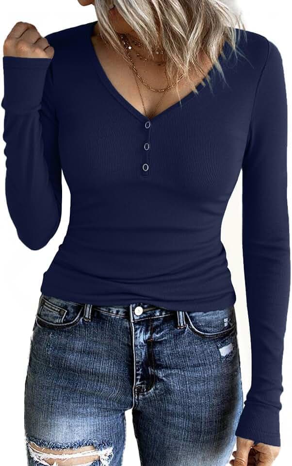 Aottori Langarmshirt Damen V-Ausschnitt Oberteile mit Knöpfen Gerippt