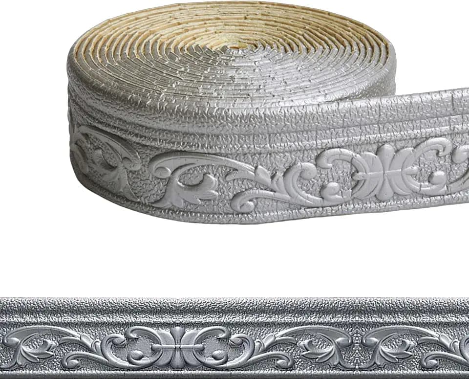 Bordüre Selbstklebend 3D Wand & Decke, Zierleisten Selbstklebend Wasserdicht, Stuckleisten Wand aus XPE-Schaum, Roll Border Trims für Ecken Linien Dekoration (Silber-Grau-10M×8CM×5MM)