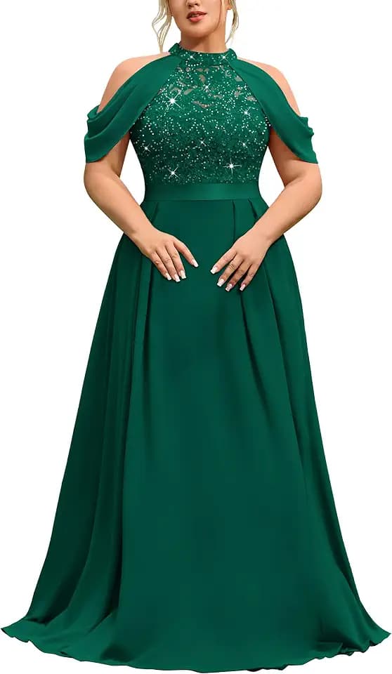 MISSMAY Women's Plus Size Formal Wedding Guest Halter Cape Sleeves Dress