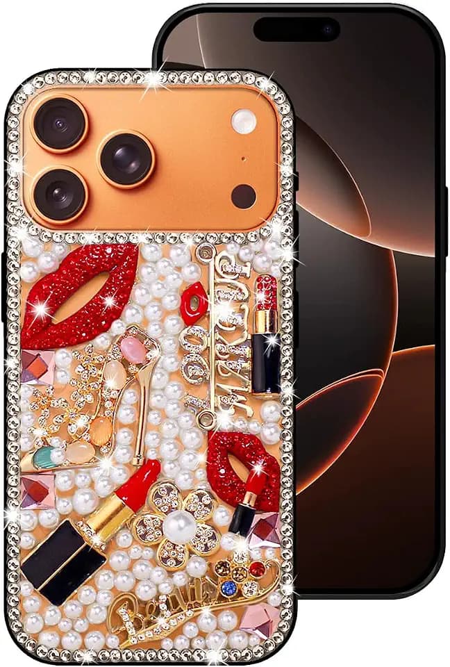 Bling Case for iPhone 17 Pro Max,Shiny Luxury Designer Phone Case with Glitter Sparkle Diamond Crystal Rhinestone Lips Lipstick Pearl Flowers High Heels，Soft Bumper Cover for Women Girl