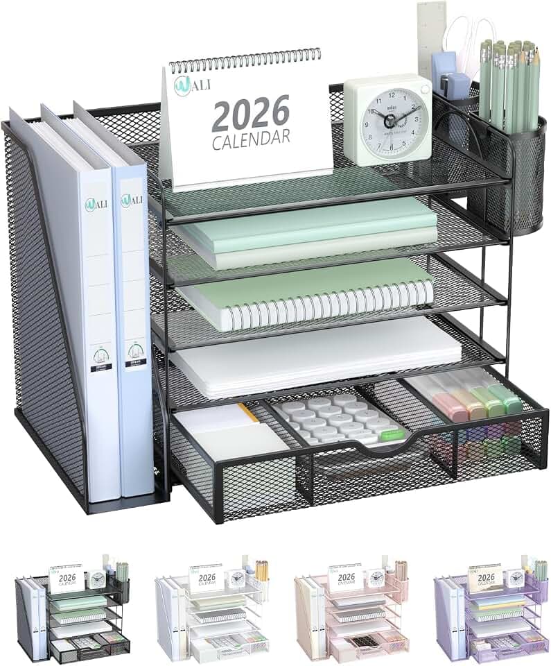 WALI Desk File Organizer, 5 Tier Desktop Paper Letter Tray Organizer with Drawer and 2 Pen Holders, Office Desk Accessories & Workspace Organizers for Office, Home Supplies(DO006DH-B), 1 Pack, Black