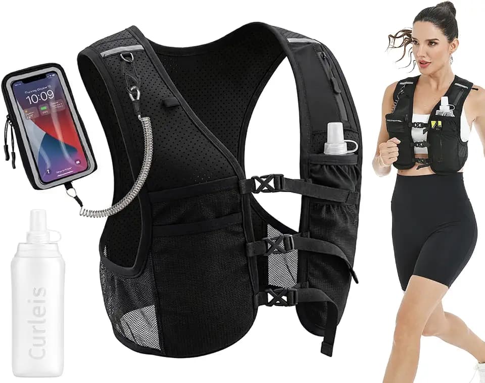 Running Vest with Touchscreen Phone Holder, 500ml/17oz Water Bottle Vest, Reflective Hydration Vest, 6 Pockets Zip Runners Vest – Lightweight, Adjustable, Breathable, Unisex