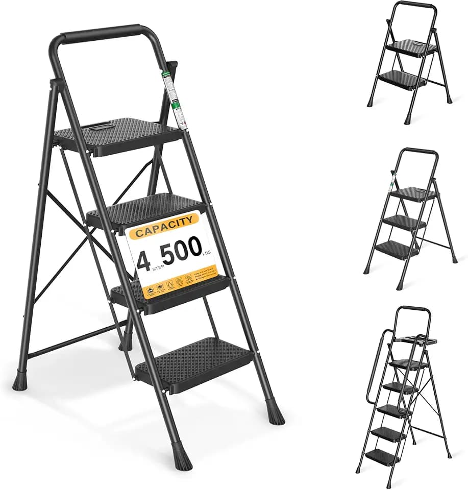 Arbusb 4 Step Ladder, Folding Steel Ladder with Handrail & Wide Pedals