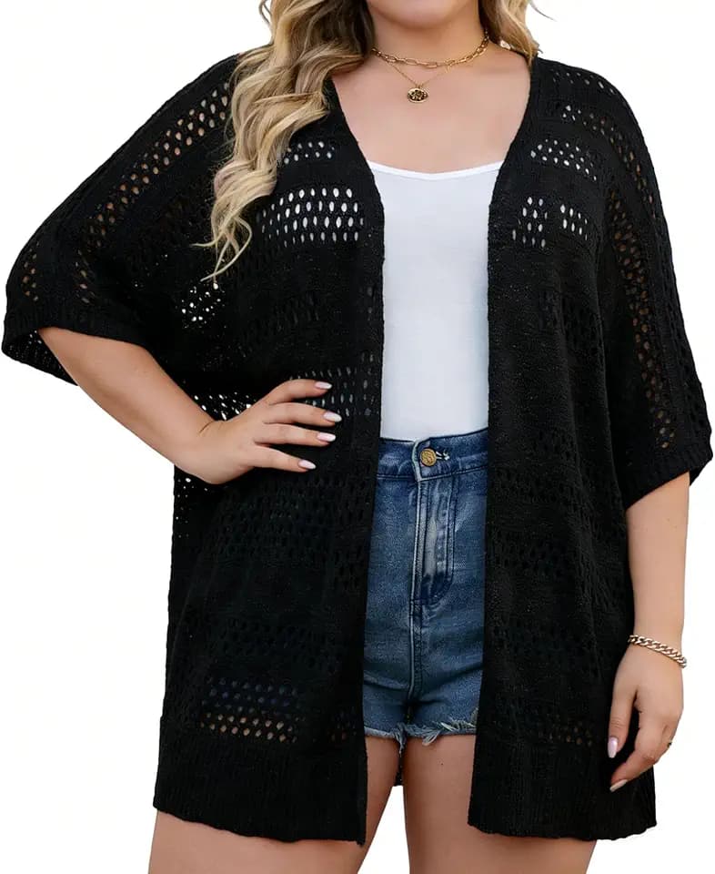 Newchoice Womens Plus Size Summer Lightweight Crochet Cardigans Short Sleeve Kimono Open Front Knit Cardigan Sweaters (1X-5X)