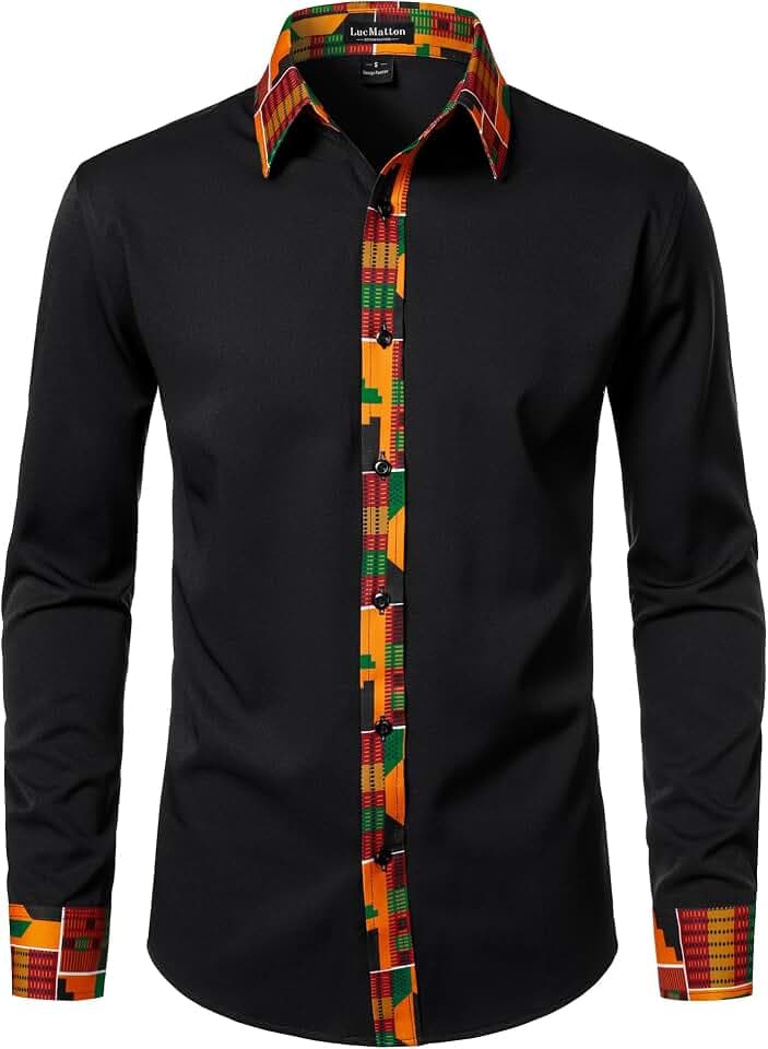 LucMatton Men's African Long Sleeve Button Down Dress Shirt
