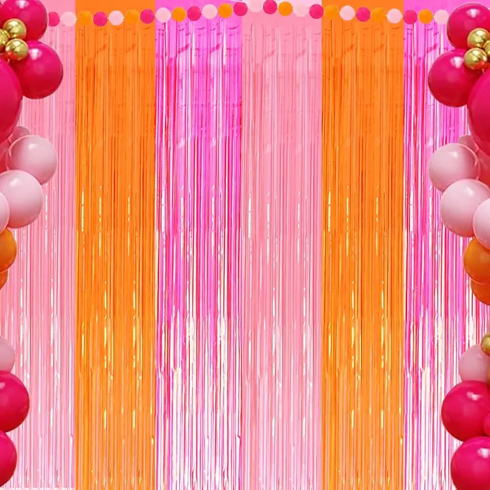 Pink and Orange Party Decorations Foil Fringe Curtains Backdrop, 3 Pack