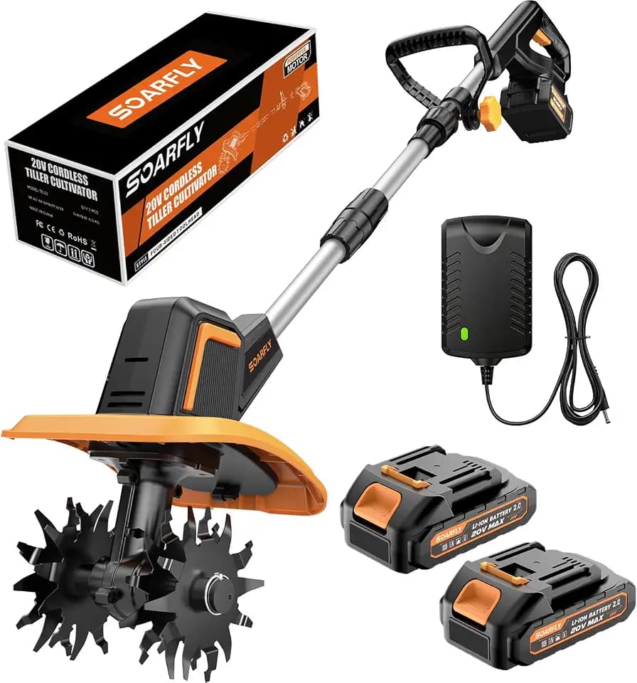 SOARFLY Cordless Tiller Cultivator for Gardening, 9" Width 6.6" Depth