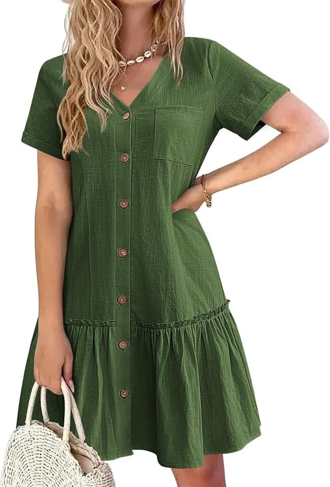HOTOUCH Damen-Kleid, Knopfleiste, lockerer Sommer, Baumwolle, Leinen, Rüschensaum, Freizeitkleid, kurzärmelig, Tunika-Kleid