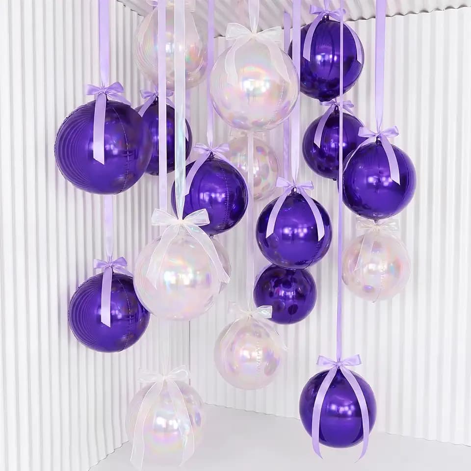 36 Pcs 22" Purple Iridescent Round Foil Balloons with Ribbons