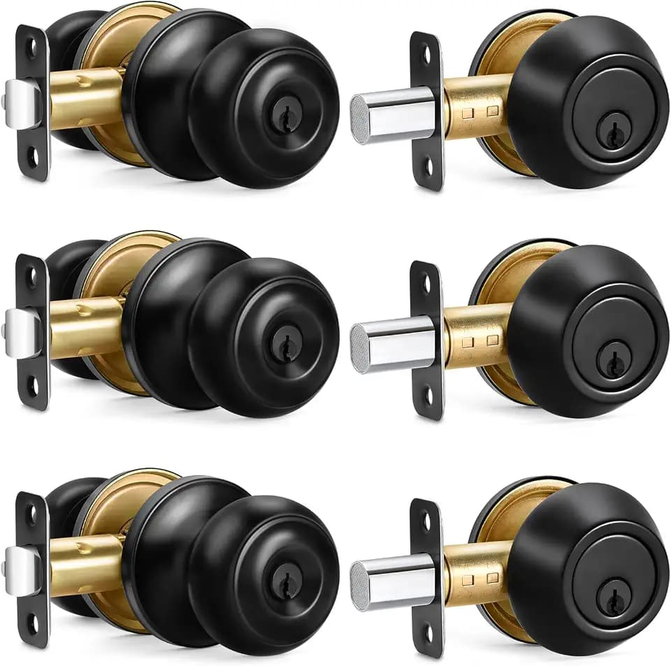 3 Sets Entry Door Knob and Single Cylinder Deadbolt Combo Set, Keyed Alike