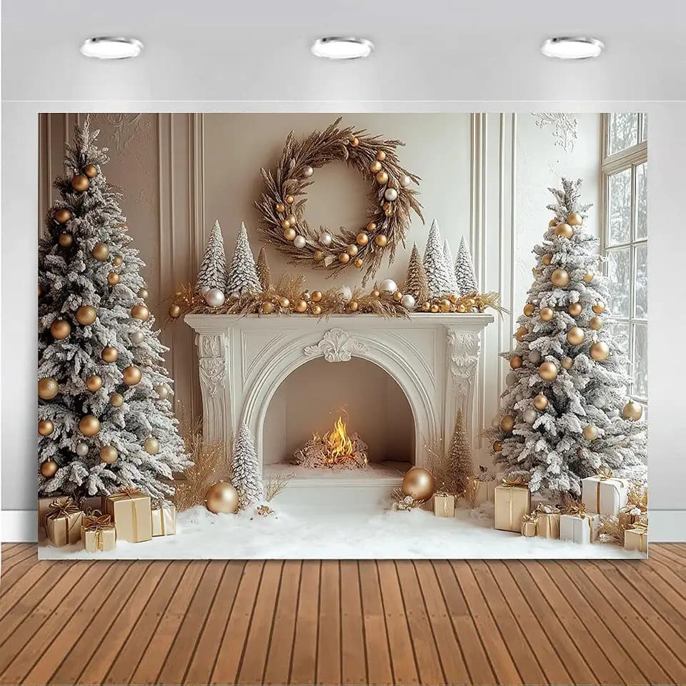 Mocsicka Christmas Fireplace Backdrop White Christmas Tree Fireplace Photography Background Winter Christmas Holiday Family Party Banner Decorations Photo Booth Props (7x5ft (82x60 inch))